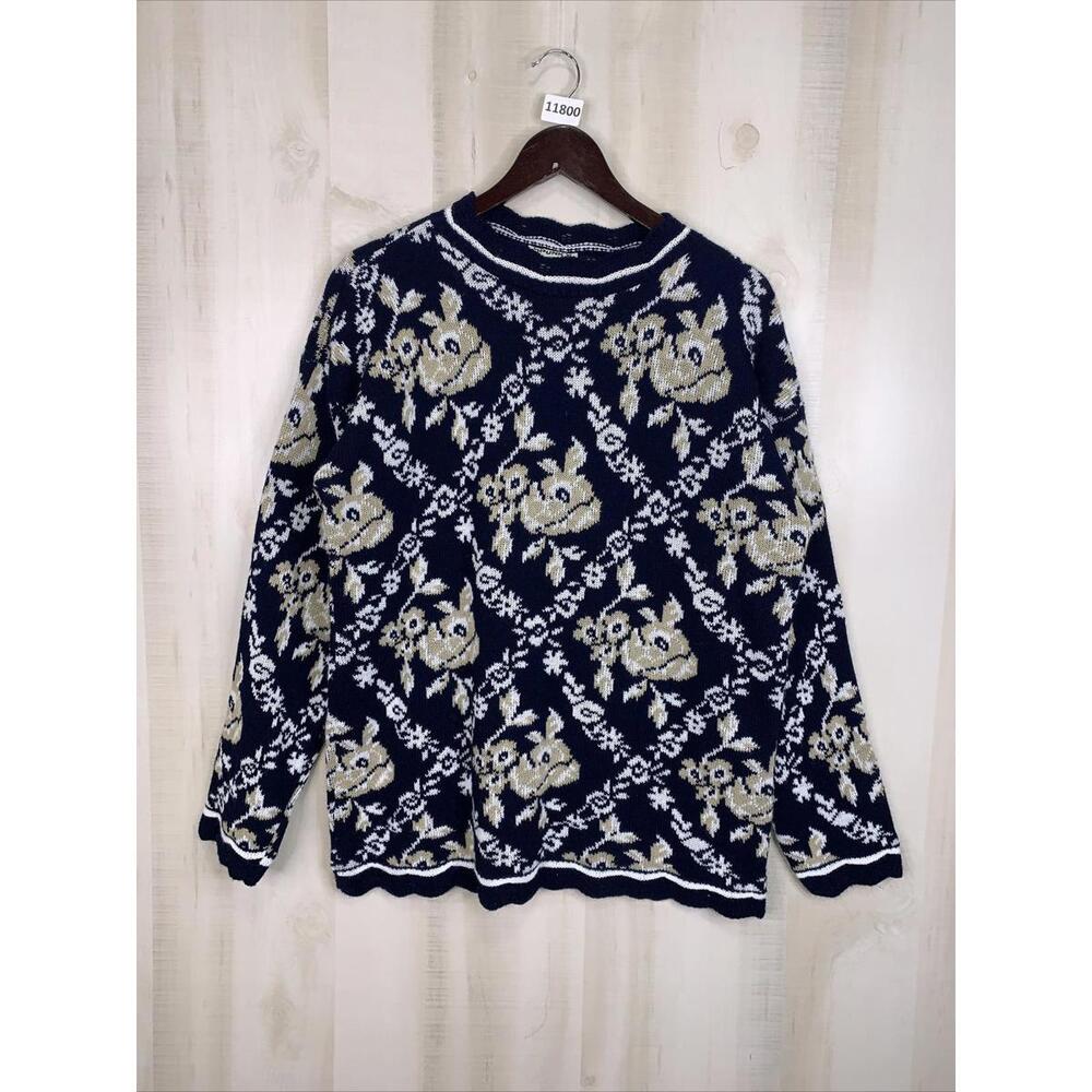 Spunky Vintage Navy Scalloped Neck Knit Womens Sweater Large USA Made NWT-11800